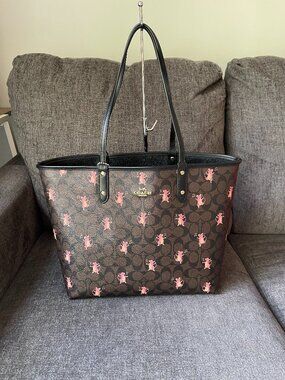 Coach Reversible City Tote Signature Canvas Party Mouse Brown Pink F80231 NWT